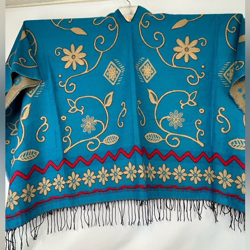 Winding River  Boho Floral Shawl Woven Acrylic Turquoise Tan Red Black Fringe